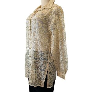 Vintage Class Gold Lamé Sheer Cream Lace Buttondown Women's Flowy Top Medium